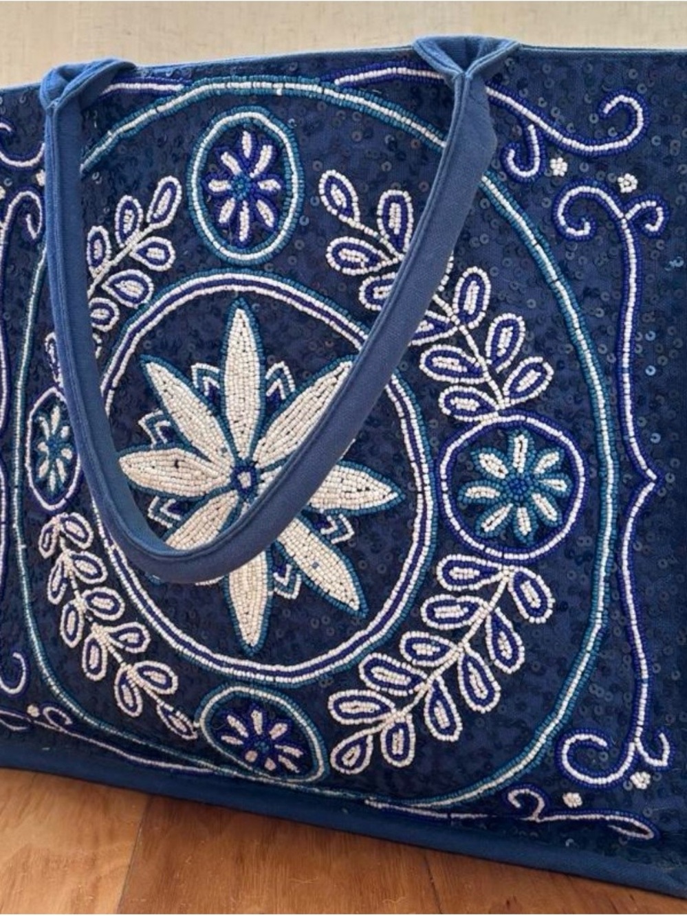 👜 Blue Beaded & Sequin Embellished Cotton Tote Bag Shoulder/Crossbody Large Boho